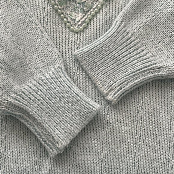 Vintage Jaclyn Smith Sweater Pastel Blue Fairy Kei Core Beaded Floral Lace 80s - Picture 7 of 11